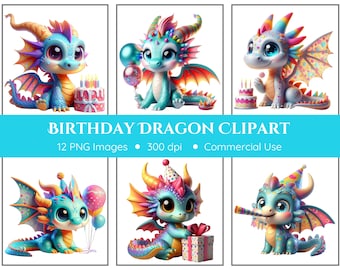 Paquete de imágenes prediseñadas de dragones de cumpleaños / 12 PNG / Fondo transparente / Descarga instantánea / Dragones lindos / Dragones bebés / Imágenes prediseñadas de cumpleaños
