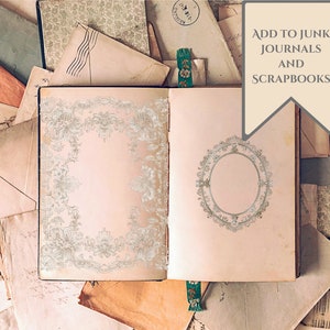 May include: An open vintage book with a delicate floral design on the left page and a circular frame on the right page. The book is surrounded by old letters and envelopes. The text "ADD TO JUNK JOURNALS AND SCRAPBOOKS" is on a beige banner.