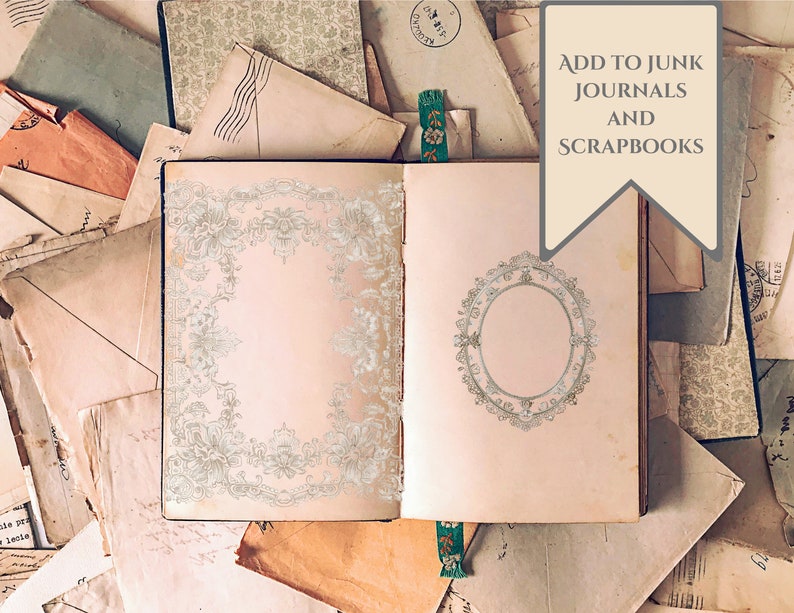 May include: An open vintage book with a delicate floral design on the left page and a circular frame on the right page. The book is surrounded by old letters and envelopes. The text "ADD TO JUNK JOURNALS AND SCRAPBOOKS" is on a beige banner.