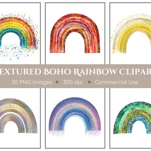 Clipart arc-en-ciel bohème texturé | 30 PNG | Clipart arc-en-ciel | Stickers bohèmes | Éphémères arc-en-ciel | Décor arc-en-ciel | Arcs-en-ciel aquarelle