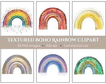 Boho Regenbogen Clipart texturiert | 30 PNG | Regenbogen Clipart | Boho Aufkleber | Regenbogen Ephemera | Regenbogen Dekor | Aquarell Regenbogen
