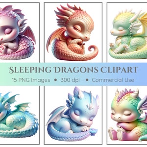 Paquete de imágenes prediseñadas de dragones durmientes - 15 PNG - Fondo transparente - Dragones bebés, Dragón bebé durmiente, Dragones lindos, Dragones de dibujos animados