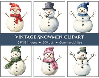 Clipart bonhomme de neige vintage | 10 PNG | Bonhomme de neige aquarelle | Clipart hiver | Éphémères d'hiver | Clipart de bonhommes de neige | Clipart Noël