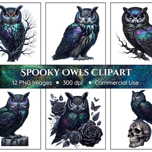 Spooky Owls Clipart | 12 PNGs | Gothic Owls | Owls PNG | Birds Clipart | Commercial Use | Instant Download | Junk Journal | Halloween PNG