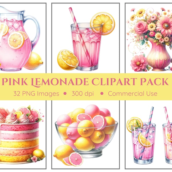 Pink Lemonade Clipart Pack - Transparent Background - Lemonade, Pink and Yellow Cake, Lemon Cookies, Coquette Bows, Pink and Yellow Flowers