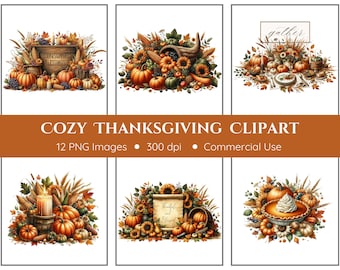 Cozy Thanksgiving Clipart | 12 PNGs | Autumn Clipart | Digital Download | Thankful Grateful Blessed | Thanksgiving PNG | Junk Journal | Card
