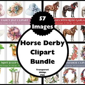 May include: A digital collage of watercolor illustrations for a Kentucky Derby theme. The images include hats, mint juleps, horses with rose garlands, and horseshoes with floral arrangements. The text "Horse Derby Clipart Bundle" is in the center of the image.