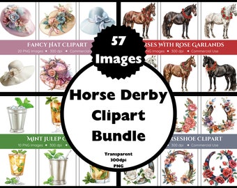 May include: A digital collage of watercolor illustrations for a Kentucky Derby theme. The images include hats, mint juleps, horses with rose garlands, and horseshoes with floral arrangements. The text "Horse Derby Clipart Bundle" is in the center of the image.