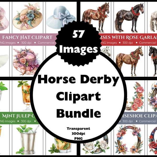 Horse Derby Clipart Bundle - Mint Juleps - Horses and Roses - Floral Horseshoes - Fancy Hats - Instant Download - Transparent Backgrounds