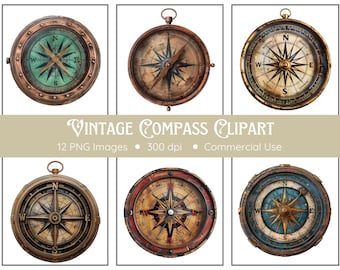 Vintage Compass Clipart | 12 PNGs | Vintage Compass Png | Compass Clipart | Vintage Nautical | Instant Download | Compass Rose Clipart