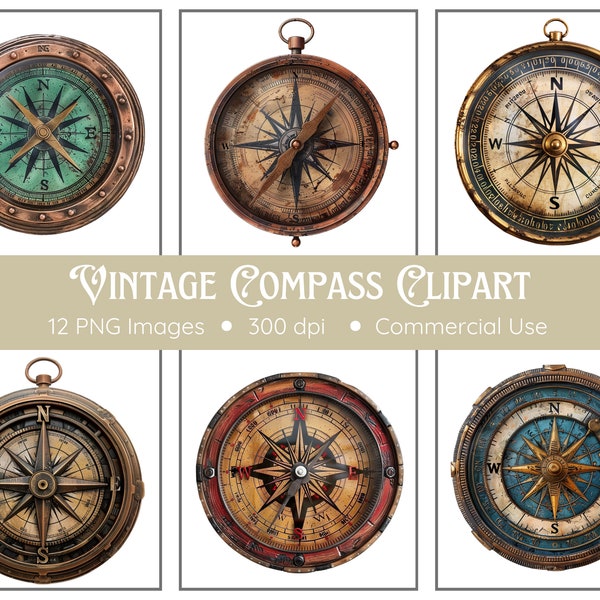 Vintage Compass Clipart | 12 PNGs | Vintage Compass Png | Compass Clipart | Vintage Nautical | Instant Download | Compass Rose Clipart