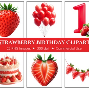 Strawberry Birthday Clipart | 22 PNGs | Strawberry Clipart | Strawberry Cake | Strawberry Balloons | Instant Download | Birthday Invitations