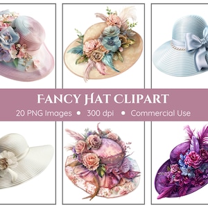 Fancy Hat Clipart Pack - Transparenter Hintergrund - Tee-Party-Hüte - Pferde Derby Hüte - Florale Hüte - Elegante Hüte