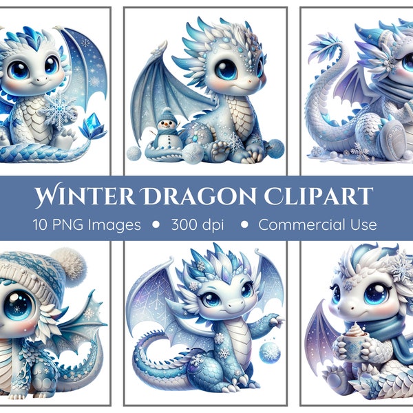 Winter Dragons Clipart Pack - Transparent Background - Baby Dragons, Snow Dragons, Cute Dragons, Instant Download, PNG