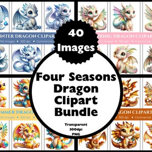Könnte beinhalten: Ein digitales Clipart-Paket mit 40 Bildern, die niedliche Cartoon-Drachen in verschiedenen Posen und Farben zeigen. Die Drachen sind in den vier Jahreszeiten dargestellt: Winter, Frühling, Sommer und Herbst. Jede Jahreszeit hat 10 Bilder von Drachen mit verschiedenen Farben und Accessoires. Die Bilder sind transparent und haben eine Auflösung von 300 dpi.