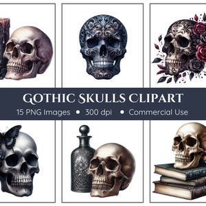 Gotische schedels clipart | 15 png-bestanden | Schedelafbeeldingen | Bloemenschedel, png-bestand | Gothic junk Journal-clipart | Commercieel gebruik | Direct downloaden