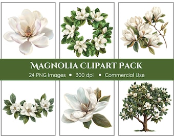 Magnolie Clipart-Pack | 24 PNG | Transparenter Hintergrund | Weiße Blume Clipart | Hochzeit Clipart | Frühling Clipart | Sofort Download