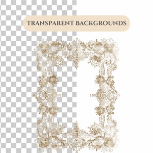 May include: A gold ornate frame with a decorative floral design. The frame is isolated on a transparent background.