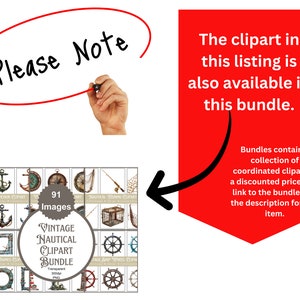 Peut inclure: Une illustration num&eacute;rique d'un pack de clipart sur le th&egrave;me nautique avec 91 images. Le pack comprend des ancres, des cannes &agrave; p&ecirc;che, des roues de bateau et plus encore. Le texte "Please Note" est &eacute;crit en rouge sur fond blanc. Le texte "The clipart in this listing is also available in this bundle." est &eacute;crit en blanc sur fond rouge. Le texte "Bundles contain a collection of coordinated clipart at a discounted price. The link to the bundle is in the description for this item." est &eacute;crit en noir sur fond blanc.