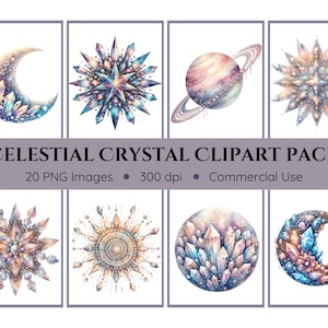 Pack de cliparts cristal céleste bohème - fond transparent - soleils, lunes, étoiles - téléchargement immédiat