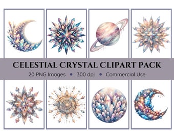 Boho Celestial Crystal Clipart Pack - Transparent Background - Suns, Moons, Stars - Instant Download