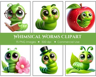 Whimsical Worms Clipart | 15 PNGs | Book Worm Clipart | Apple Worm Clipart | Worm Clip Art | Spring Clipart | Caterpillar Clipart