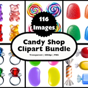 May include: A digital clipart bundle of 116 candy images. The images include gummy bears, lollipops, jelly beans, wrapped candies, and ring pops. The images are transparent and 300dpi.