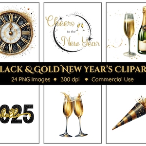 Clipart de Año Nuevo en negro y dorado / 24 PNG / Nochevieja / Clipart de champán / Fiesta de Año Nuevo / Invitaciones de Año Nuevo / Celebración