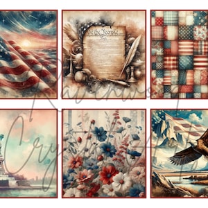 May include: A collage of six images with a patriotic theme. The images include an American flag waving in the wind, a vintage document with the words "We the People", a patchwork quilt with red, white, and blue squares, the Statue of Liberty, a field of red, white, and blue flowers, and a bald eagle flying over a mountain range with an American flag in the background.