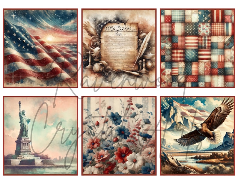 May include: A collage of six images with a patriotic theme. The images include an American flag waving in the wind, a vintage document with the words "We the People", a patchwork quilt with red, white, and blue squares, the Statue of Liberty, a field of red, white, and blue flowers, and a bald eagle flying over a mountain range with an American flag in the background.