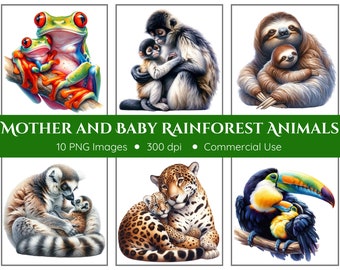 Mother and Baby Rainforest Animals Clipart - Farm Clipart - Transparent Background - Nursery Art - Mother's Day - Instant Download