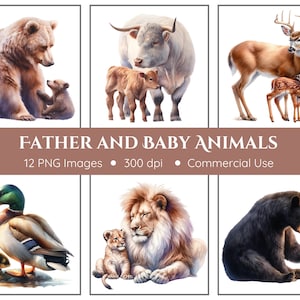 Père et bébé animaux des cliparts | 12 PNG | Clipart fête des pères | Clipart Ours Papa | Transparente | Clipart chambre d'enfant | Téléchargement instantané