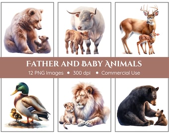 Clipart de animales de padre y bebé / 12 PNGs / Clipart del Día del Padre / Clipart de Papá Oso / Transparente / Clipart de guardería / Descarga instantánea