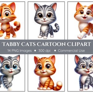Tabby Cats Clipart Pack - 14 PNGs - Cartoon Cats - Cute Cats - Gray Tabby Cats - Orange Tabby Cats - Cat Clipart - Instant Download
