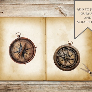 Peut inclure: Deux boussoles de style antique avec un cadre en m&eacute;tal brun et un cadran blanc avec des marques noires. Les boussoles sont sur un fond de papier brun. Le texte "ADD TO JUNK JOURNALS AND SCRAPBOOKS" est dans une banni&egrave;re blanche avec une bordure grise.