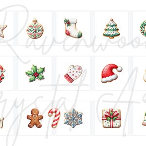 Peut inclure: Un ensemble de 12 motifs de biscuits de No&euml;l repr&eacute;sentant divers th&egrave;mes de No&euml;l, notamment une &eacute;toile, une boule, une chaussette, un sapin de No&euml;l, une couronne, le P&egrave;re No&euml;l, du houx, une moufle, un bonnet de P&egrave;re No&euml;l, un bonhomme de neige, un renne, un bonhomme en pain d'&eacute;pices, une canne en sucre, un flocon de neige, une bo&icirc;te cadeau et une cloche. Les biscuits sont d&eacute;cor&eacute;s de gla&ccedil;age rouge, vert, blanc et or.