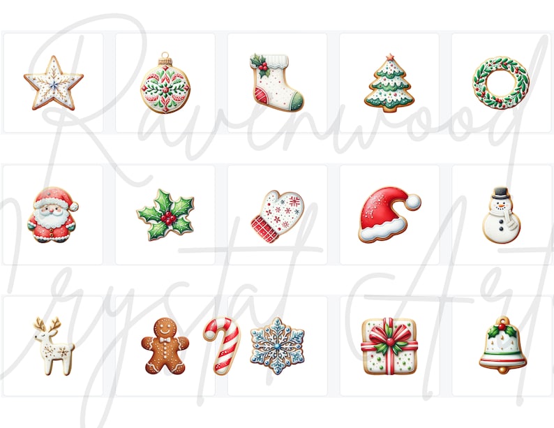 Peut inclure: Un ensemble de 12 motifs de biscuits de No&euml;l repr&eacute;sentant divers th&egrave;mes de No&euml;l, notamment une &eacute;toile, une boule, une chaussette, un sapin de No&euml;l, une couronne, le P&egrave;re No&euml;l, du houx, une moufle, un bonnet de P&egrave;re No&euml;l, un bonhomme de neige, un renne, un bonhomme en pain d'&eacute;pices, une canne en sucre, un flocon de neige, une bo&icirc;te cadeau et une cloche. Les biscuits sont d&eacute;cor&eacute;s de gla&ccedil;age rouge, vert, blanc et or.