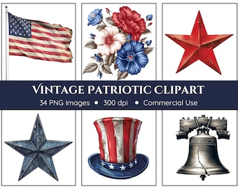 Clipart Patriótico Vintage - Fondos Transparentes - Banderas Americanas, Rojo Blanco y Azul - Americana - 4 de Julio - Día de la Independencia