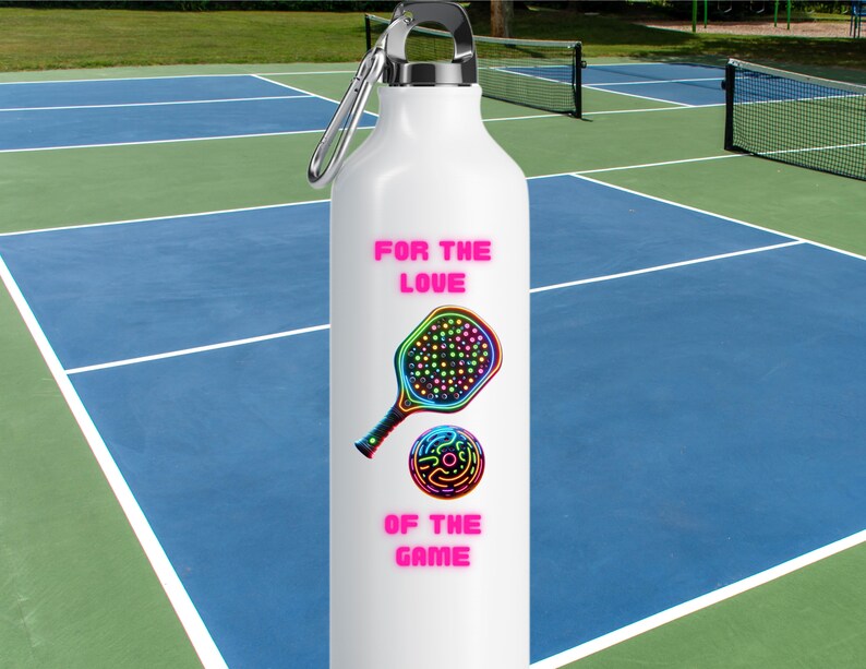 May include: White water bottle with a neon green, blue, and pink paddleball and ball graphic. The text "FOR THE LOVE OF THE GAME" is printed on the bottle in pink.