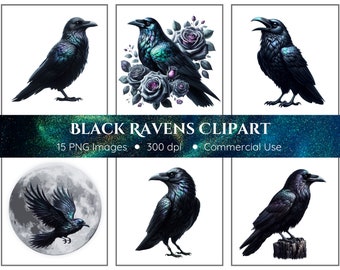 Black Ravens Clipart | 15 PNGs | Gothic Ravens | Raven PNG | Black Birds Clipart | Commercial Use | Instant Download