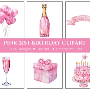 Rosa 21. Geburtstag Clipart | 12 PNG | Prost To 21 Jahre | Schluck Schluck Hooray | Rosa Champagner | Rosa Geburtstag | Erwachsene Geburtstagseinladungen