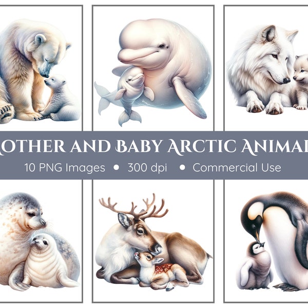 Mother and Baby Arctic Animals Clipart - Baby Animals Clipart - Transparent Background - Nursery Art - Mother's Day - Instant Download