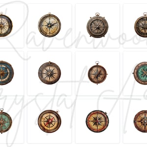 Peut inclure: Douze boussoles de style antique avec diff&eacute;rentes combinaisons de couleurs, y compris des accents bleus, verts et rouges. Chaque boussole pr&eacute;sente un design circulaire avec une aiguille pointant vers le nord.