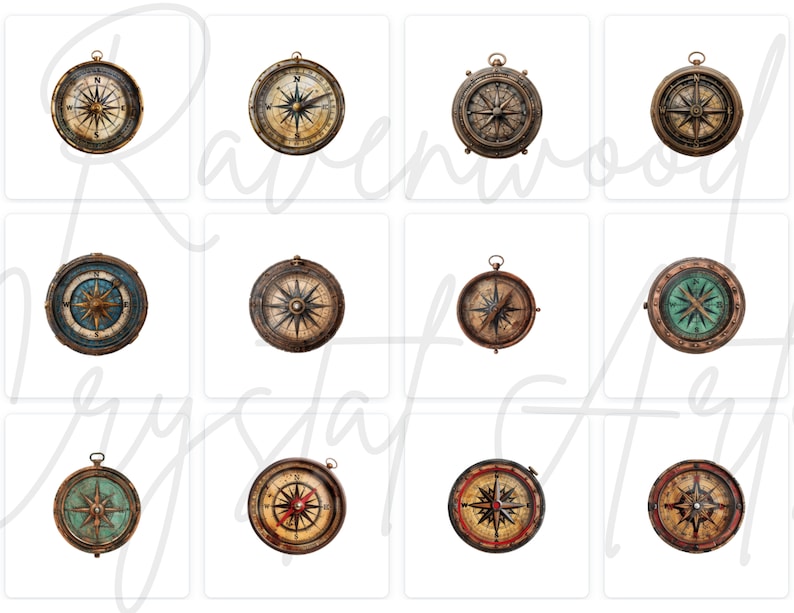 Peut inclure: Douze boussoles de style antique avec diff&eacute;rentes combinaisons de couleurs, y compris des accents bleus, verts et rouges. Chaque boussole pr&eacute;sente un design circulaire avec une aiguille pointant vers le nord.