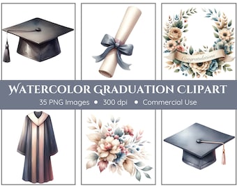 Watercolor Graduation Clipart Pack - Transparent Background - 2026, 2027, 2028 Graduation Caps, Graduation Gown, Diploma, Graduation Florals