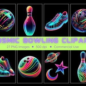 Puede incluir: Un conjunto de imágenes de clipart de bolos de colores neón. Las imágenes incluyen bolas de bolos, bolos, zapatos de bolos y otros diseños de temática cósmica. Las imágenes son perfectas para usar en proyectos digitales, como sitios web, redes sociales y presentaciones.