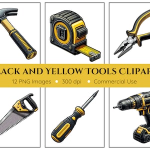 Zwart en geel gereedschap clipart | 12 png-bestanden | Bouwclipart | Vaderdag-clipart | Direct downloaden | Hamer, schroevendraaier, zaag, sleutel