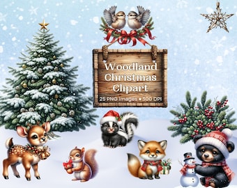 Pack de cliparts Noël des bois | 25 PNG | Fond transparent | Clipart Noël | Clipart animaux | Animal des bois | Téléchargement instantané