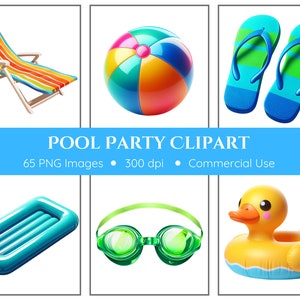Clipart zwembadfeest | 65 png-bestanden | Zwembaddobbers | Teenslippers | Digitale download | Commercieel gebruik | Zwemmen-clipart | Zomerclipart