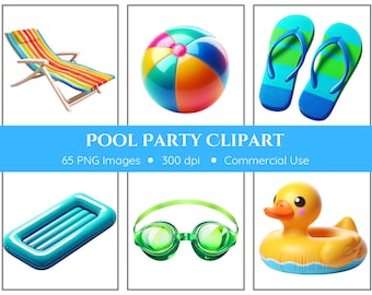 Clipart de fiesta en la piscina / 65 PNG / Flotadores de piscina / Chanclas / Descarga digital / Uso comercial / Imágenes prediseñadas de natación / Imágenes prediseñadas de verano